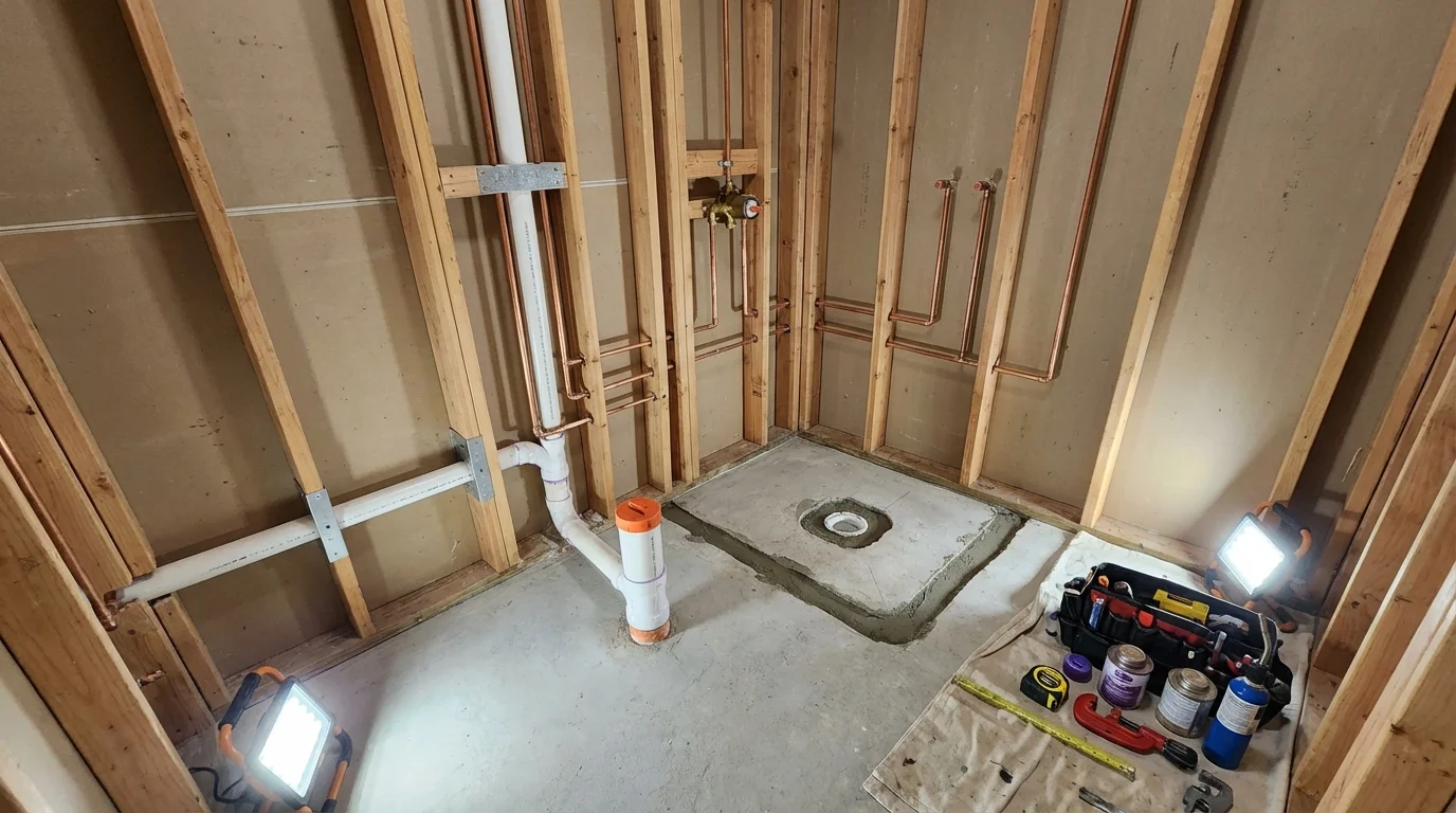 Bathroom rough-in plumbing during remodel by Johns Plumbing LLC in Coalfield
