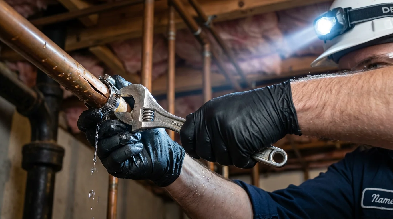 Emergency pipe clamp repair being performed by a Johns Plumbing LLC plumber in Coalfield