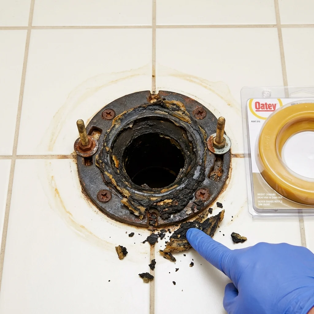 Failed wax ring showing water seepage at the base of a toilet in a Coalfield, TN home
