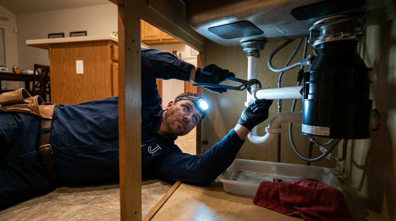 P-trap and supply line connections under a kitchen sink showing a common leak point in Coalfield, TN
